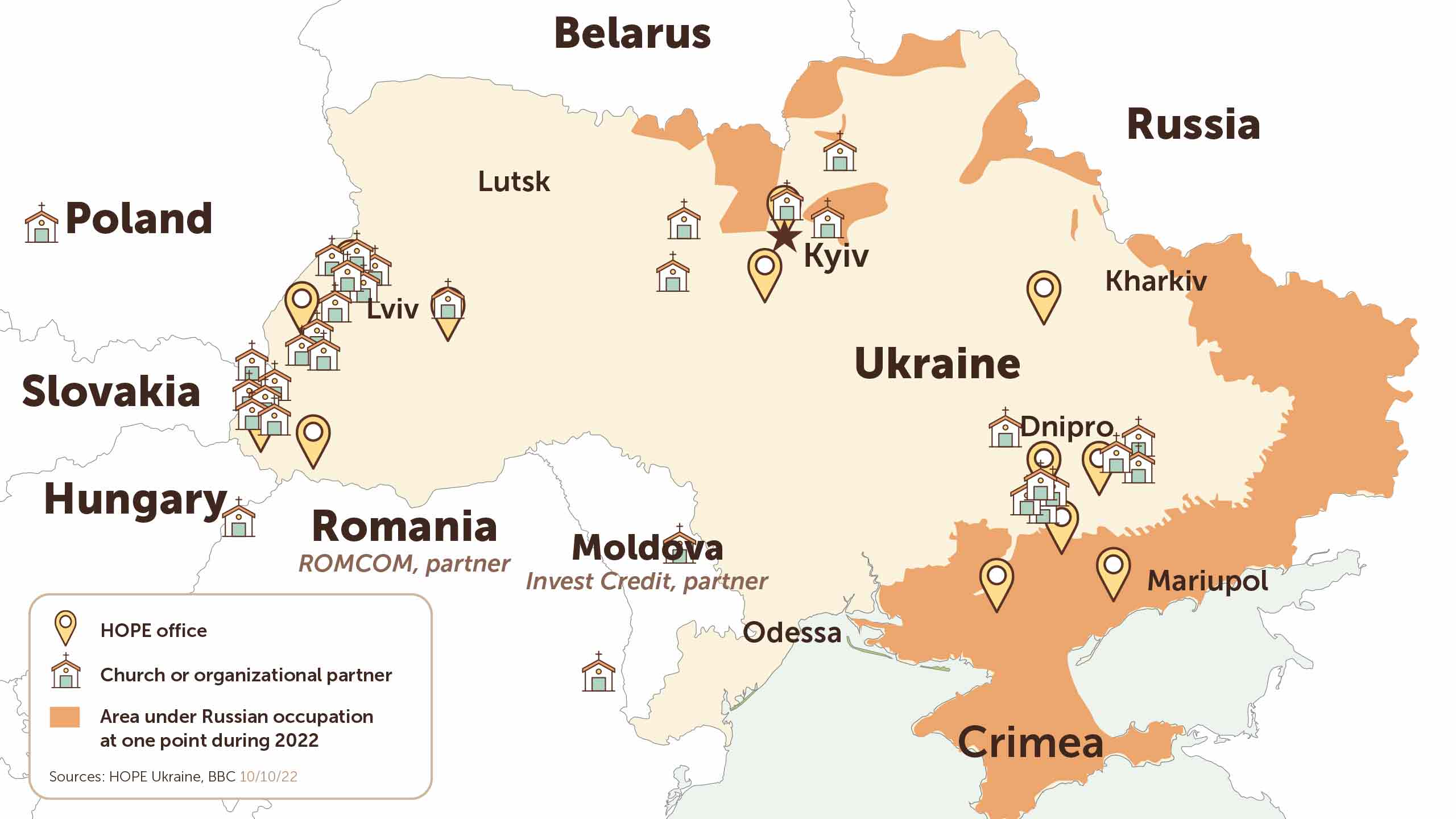 Map of Ukraine with HOPE offices and churches marked